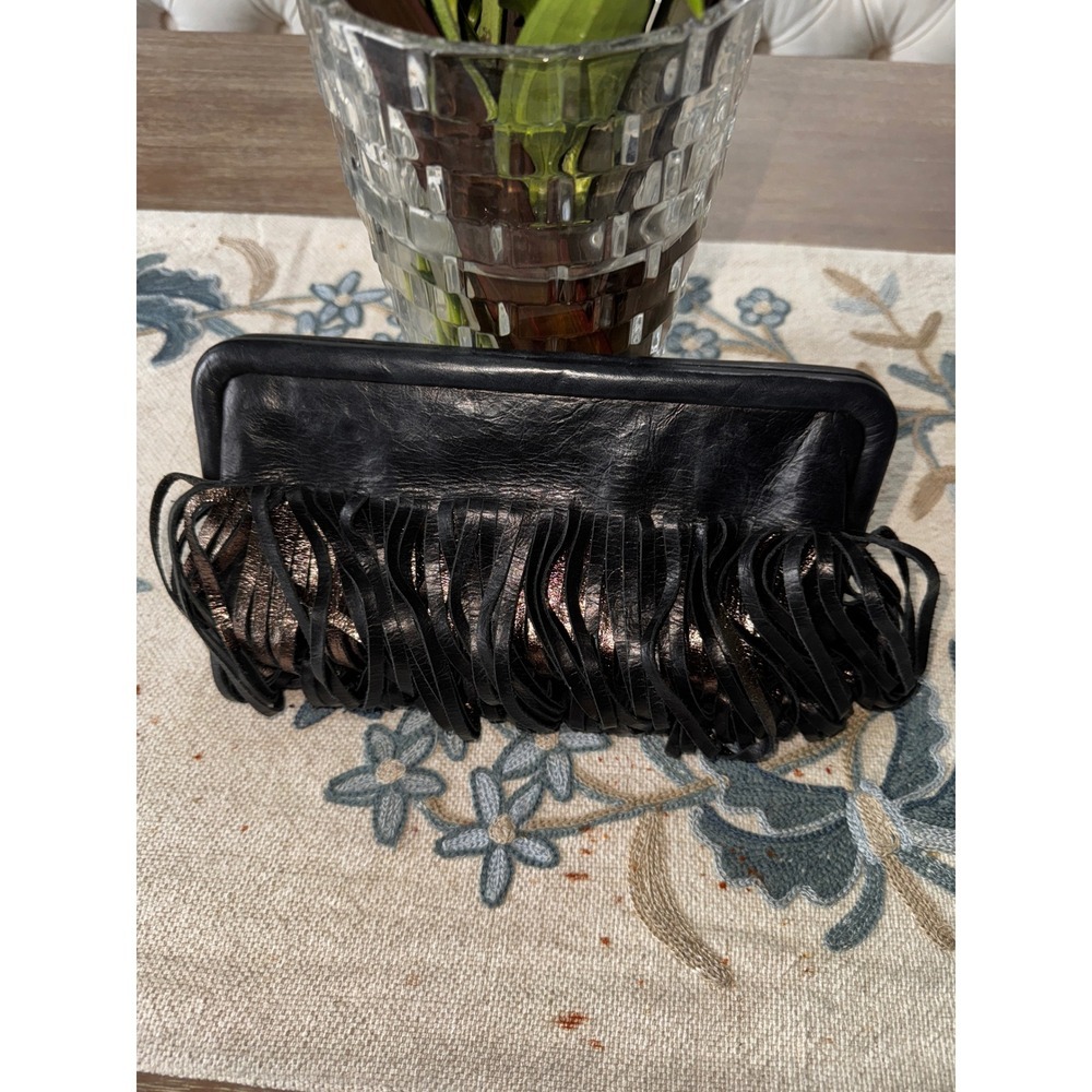 KATHERINE KWEI Black Leather Fringe Clutch Bag New York Evening Occasion - Picture 2 of 11